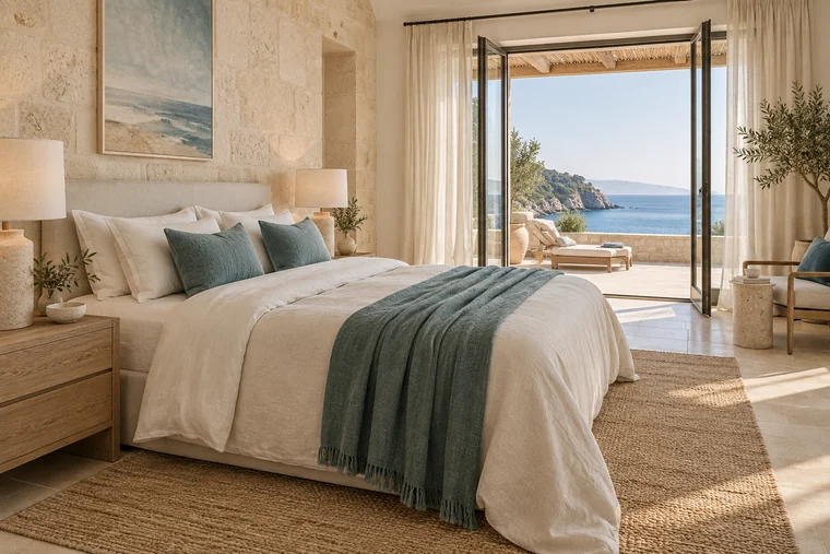Illustration d’une chambre avec terrasse et vue mer